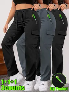 3-pack women’s spring/autumn cargo pants with green letter print, zippered pockets, stylish large patch pocket design, drawstring elastic waistband; casual outdoor long pants suitable for jogging and everyday wear.