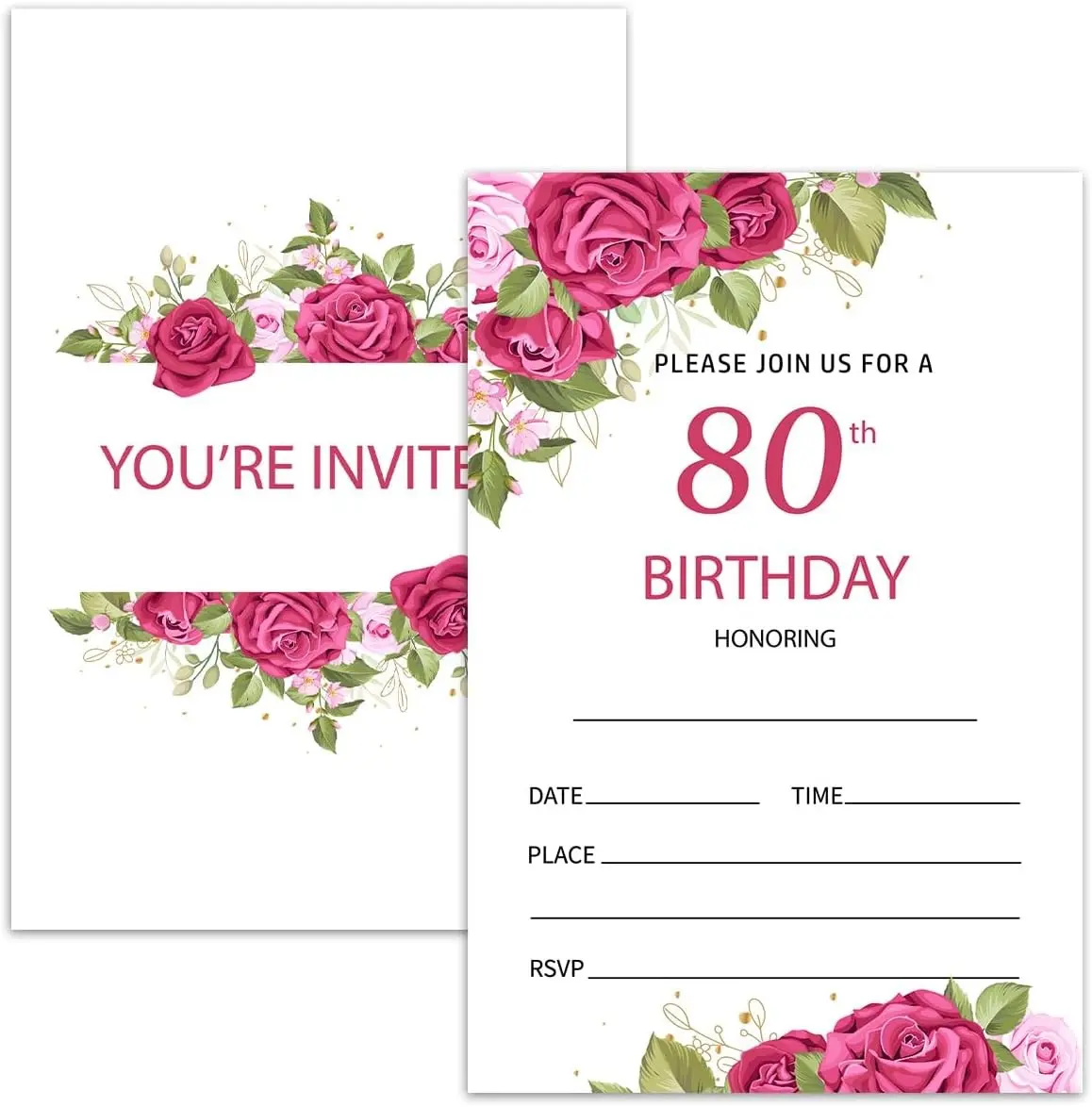 80th Rose Floral Birthday Invitation Cards for Women Men, 80 Years Old Birthday Invites for Adult, Party Supplies Favors, 20 Cards With 20 Envelopes -11