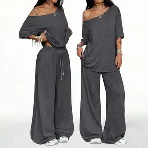 Women Off Shoulder Sweatsuits Oversized Pullover Sweatshirt and Wide Leg Pants Lounge Sets Two Piece Outfits