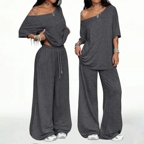 Women Off Shoulder Sweatsuits Oversized Pullover Sweatshirt and Wide Leg Pants Lounge Sets Two Piece Outfits