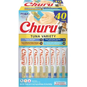 INABA Churu Cat Treats, Grain-Free, Lickable, Squeezable Creamy Purée Cat Treat/Topper with Vitamin E & Taurine, 0.5 Ounces Each Tube, 40 Tubes, Tuna Variety Box