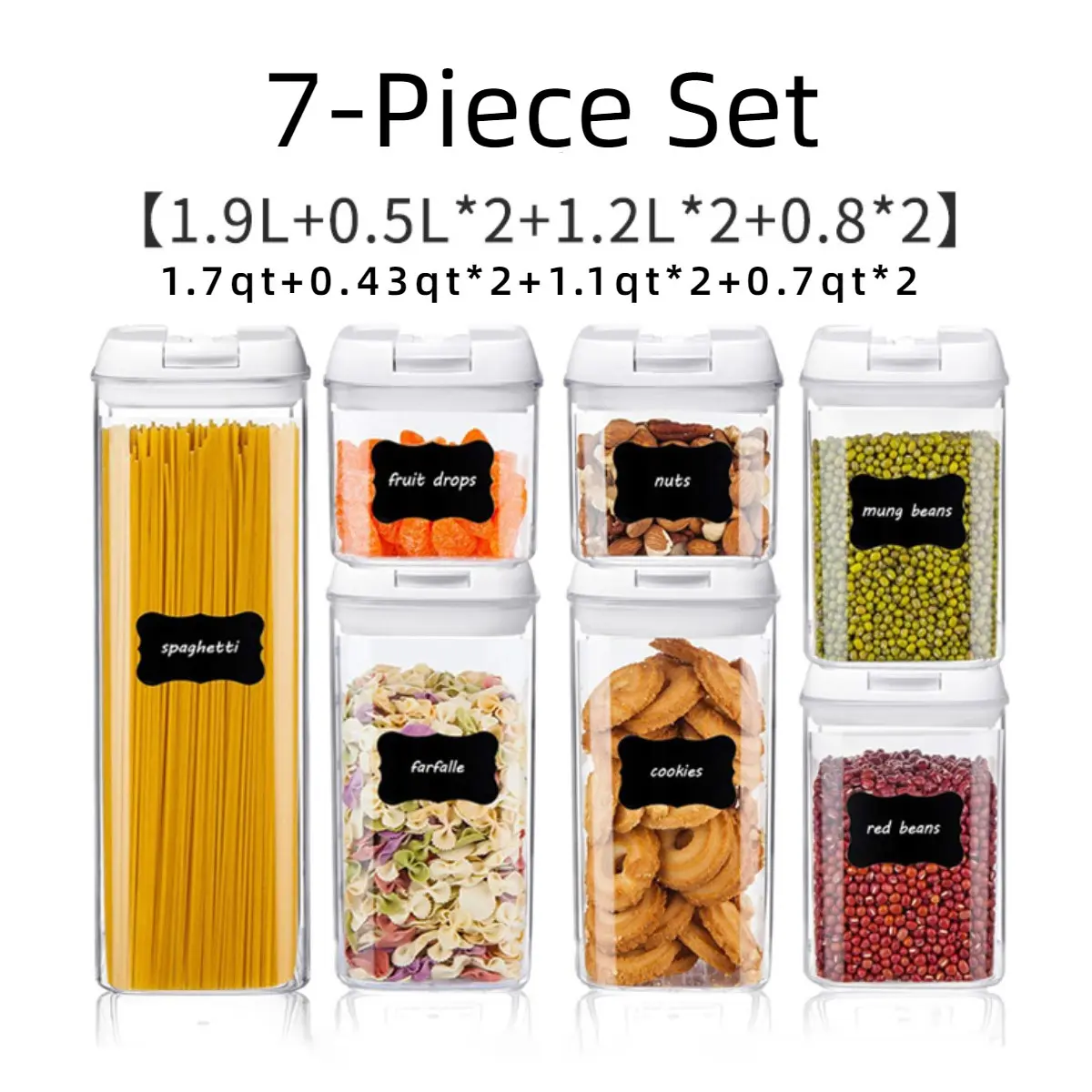 Set of 7 airtight food storage containers with a transparent design and tightly sealing lids; suitable for grains, nuts, flour, and rice; insect-proof and moisture-resistant; includes lids; white plastic kitchenware ideal for storing grains and dry foods.
