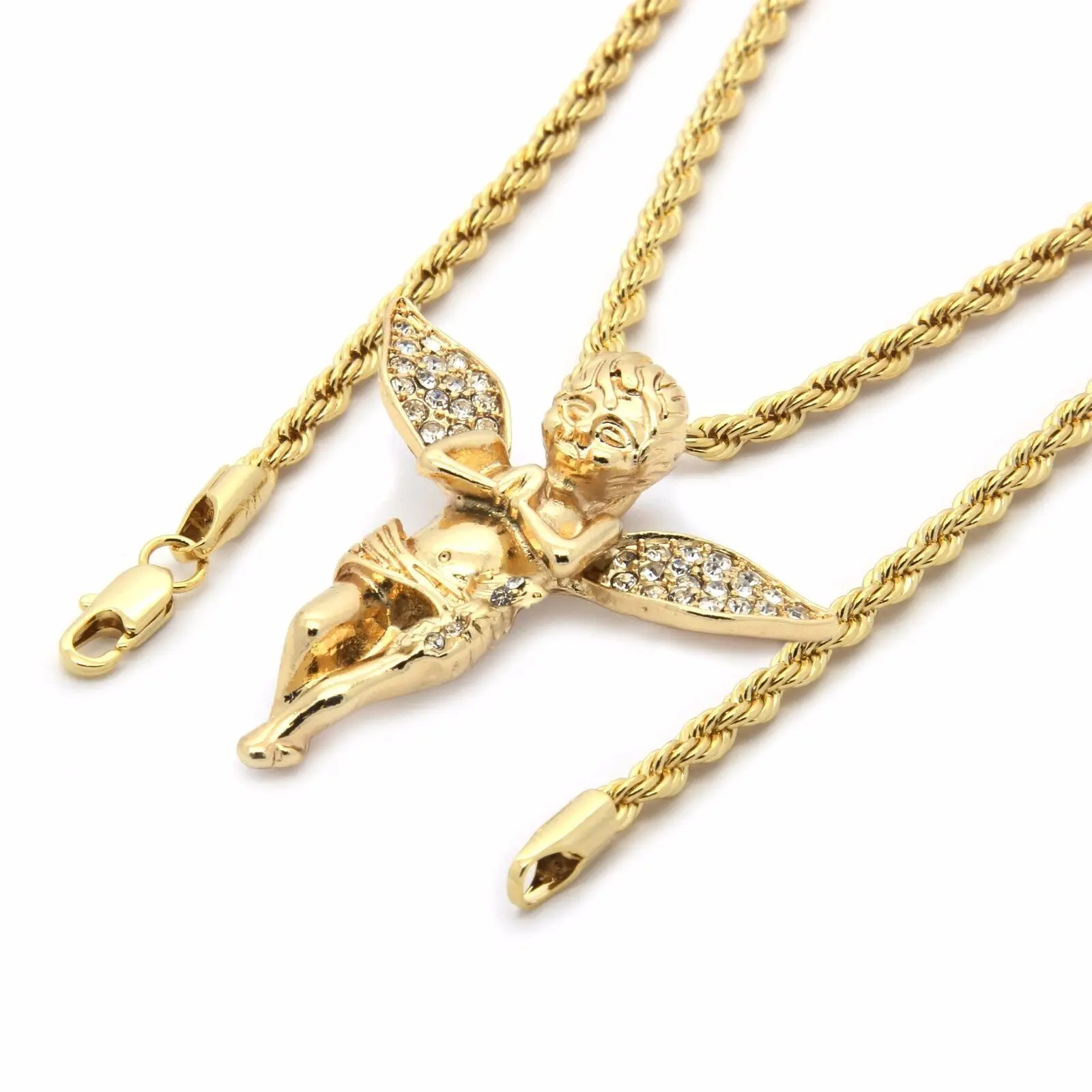 MaxBling81 Hip Hop Baby Angel Cubic Zirconia Iced Pendant with 4mm Rope Chain, 18-20-24in Lengths, Unisex Angel Wing Whimsical Gold Statement Fashion Necklace & Stylish Accessory, Angel Wing Necklace