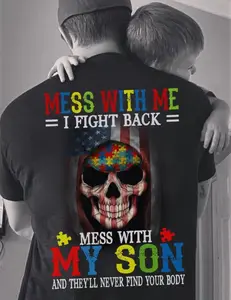 Autism Dad Skull Shirt- Puzzle Pattern American Flag Shirt- Mess With Me I Fight Back Mess With My Son And They'll Never Find You Body shirt