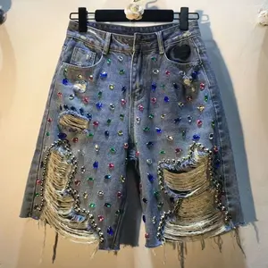 New Style Diamond-Studded High-Waisted Slimming Ripped Straight-Leg Five-Point Jeans Mid-Length with Colorful Rhinestones