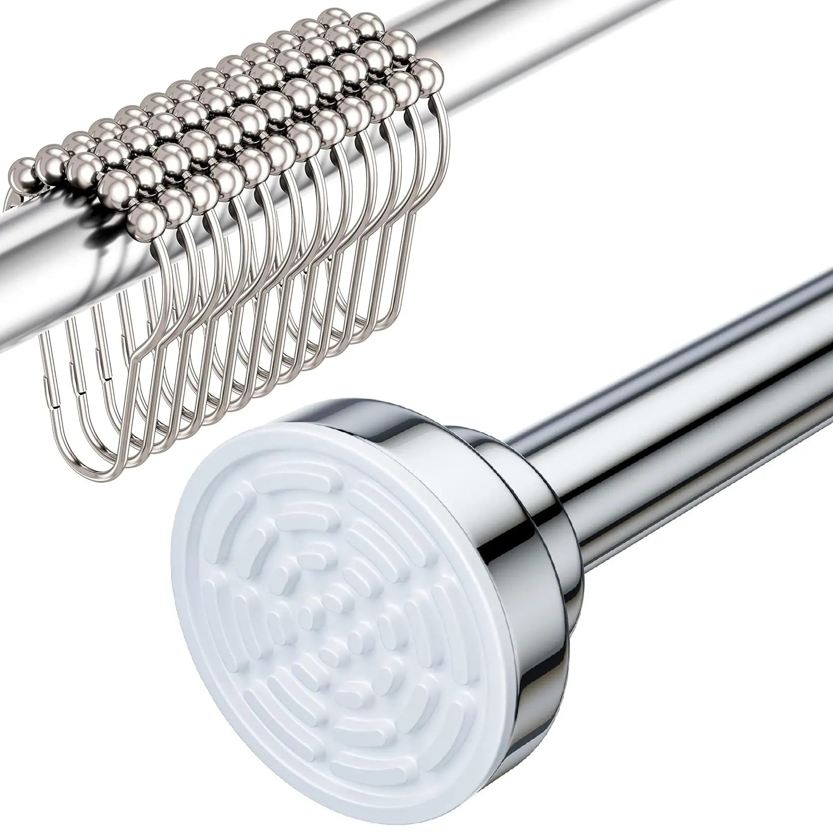 Rust-Proof Shower Curtain Rod & Hooks Set - Adjustable Tension Rod (26-78") with 2in Rubber Grip, 12 Easy-Glide Stainless Steel Roller Rings, Heavy Duty, No-Drill Installation (Silver/Polished Nickel)
