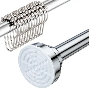 Rust-Proof Shower Curtain Rod & Hooks Set – Adjustable Tension Rod (26-78") with 12 Easy-Glide Stainless Steel Roller Rings – Heavy Duty, No-Drill Installation (Silver/Polished Nickel)