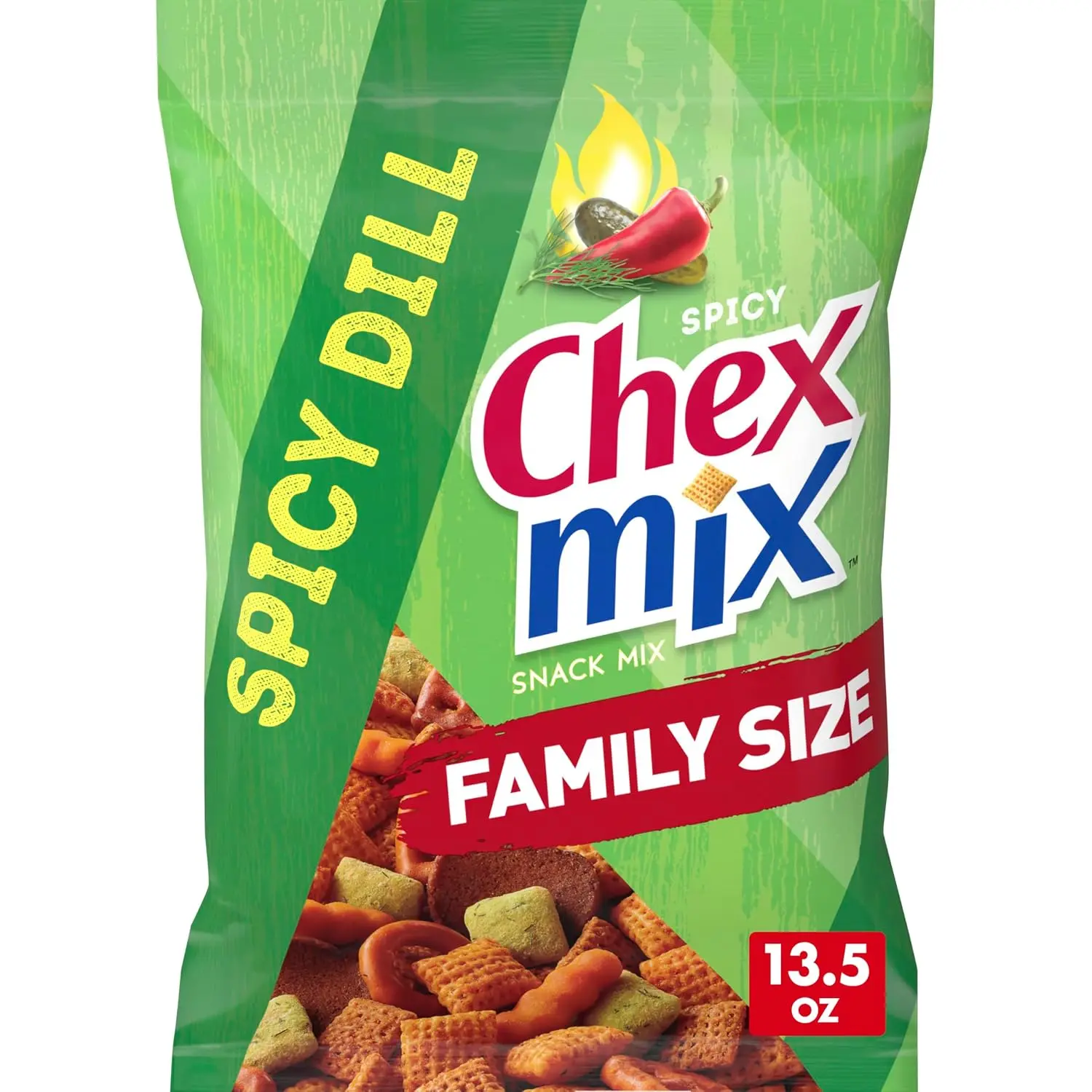 Spicy Dill Snack Mix, Family Size, 13.5 oz - Includes Rye Chips, Pretzels, Squiggle Breadsticks, 50% Less Fat Than Regular Potato Chips