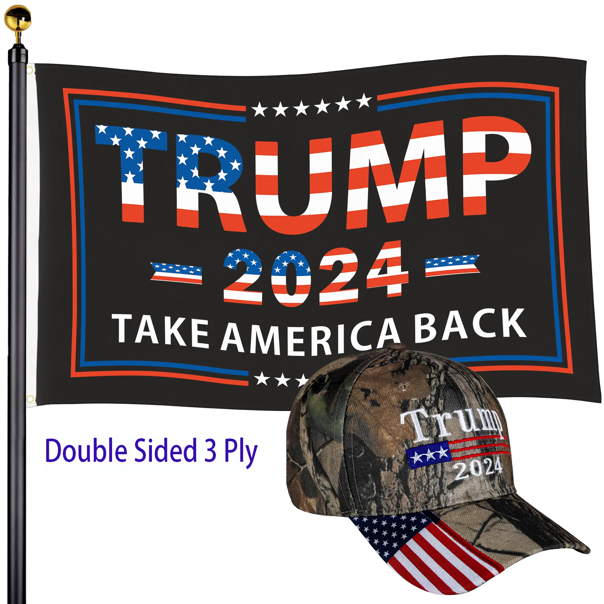 Trump 2024 Flag and Hat - 3x5 Double Sided 3 Ply Heavy Duty Flag with Brass Grommets and Adjustable Keep America Great hat, Banner,UV Protection, Fade