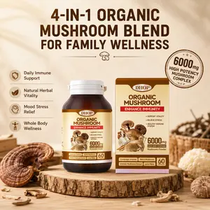DHOP 4-in-1 Organic Mushroom Complex Capsules 6000mg, Reishi, Cordyceps, Shiitake & Lion's Mane Herbal Blend, Supports Daily Vitality & Balanced Immune Wellness, Natural Adaptogen Supplement for All Adults, 60 Capsules