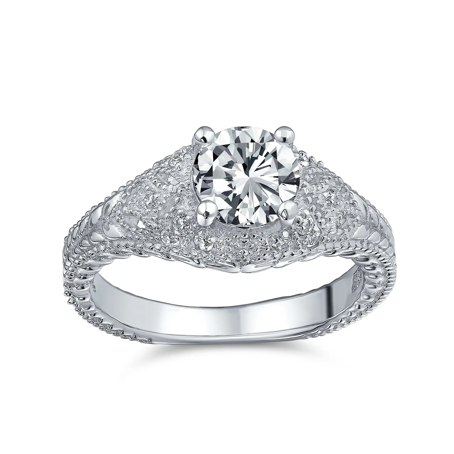 Vintage 2CT Solitaire CZ Engagement Ring Milgrain Band .925 Sterling Silver