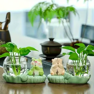 Cute Fishing Hydroponic Planter- Resin Kitten/Frog Shaped Arrangement, Office Green Culture Vase, Lazy Hydroponic Set, Desktop Healing Gifts for 4 Seasons