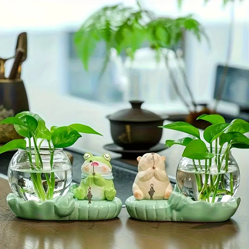 Resin Kitten/Frog Shaped Self-Watering Hydroponic Planter Set - 1 Set, Self Watering Planter Insert, No Plant-Derived Ingredients, Office Home Decor Vase, Desktop Healing Gift, Low-Maintenance Holder, Hydroponic Plant Holders, Plant Holder