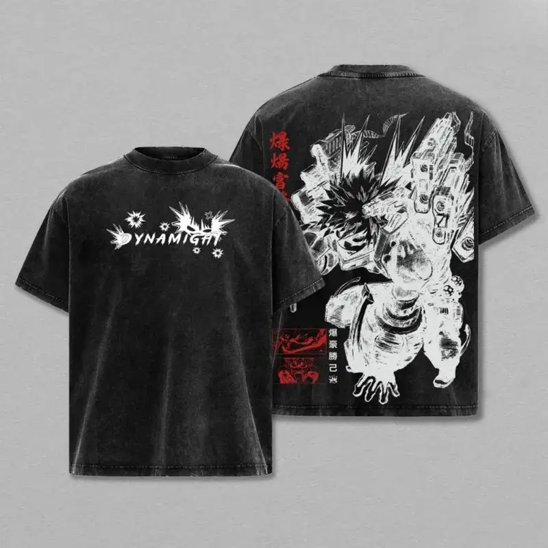 Katsuki Bakugo My Hero Academia Anime 2 Face Printed Vintage Washed Tee, Perfect Gift For Anime Fan, Unisex Oversize Anime Manga Washed Heavyweight Cotton T-shirt, Anime Merch
