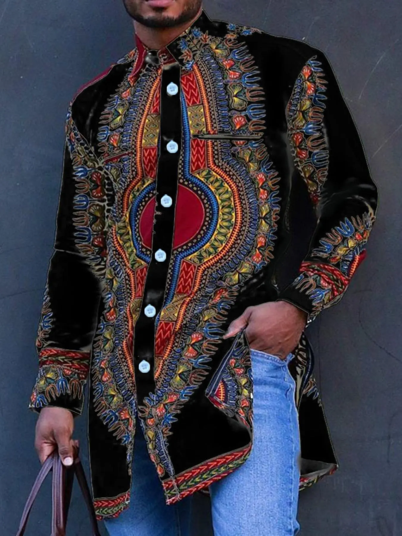 New Men's African Ethnic Style Digital Print Shirt, Long Sleeve Medium Length, Casual Fashion, Comfortable Fit, Perfect for Daily Wear