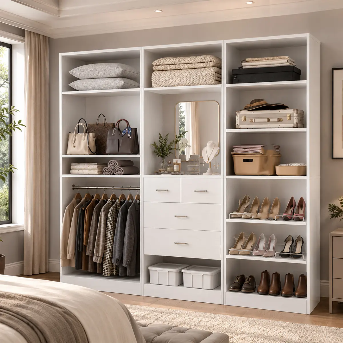 Cyclysio 75" W Freestanding Walk-in Wardrobe Storage Cabinet, 3-Piece Modern Clothing Storage Armoire with Vanity Mirror, Wooden Drawers for Clothes, Minimalist Decluttering in Small Spaces
