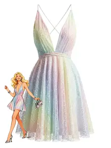 Y2K Rainbow Sequins Deep V-Neck Backless Dress Graduation dress prom girl