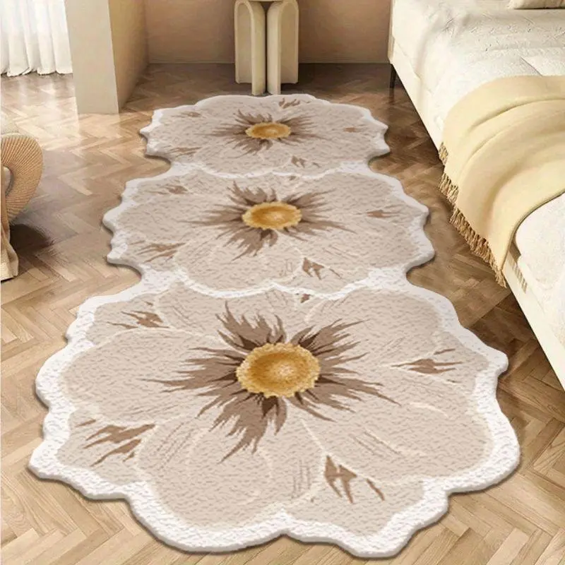 1pc French Flower Bedroom Decoration Bedside Carpet Pink Living Room Carpet Irregular Shape Bay Window Plush Floor Mat Fluffy Soft Washable Carpet Floral Shaped Rug Flower Pattern Rugs Decorative Rug