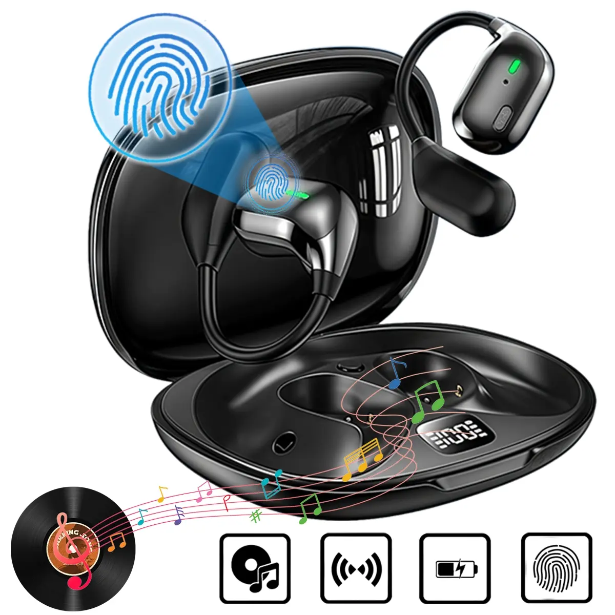 Wireless Bluetooth Headphones, 30H Long Battery Life, with LED Digital Display Wireless Earbuds, Built in Mic, Open-Ear Stereo Bluetooth Earbuds, Comfortable Fit, Smart Touch Control, IPX5 Waterproof, for Sports/Workouts, Waterproof Sports Earphone