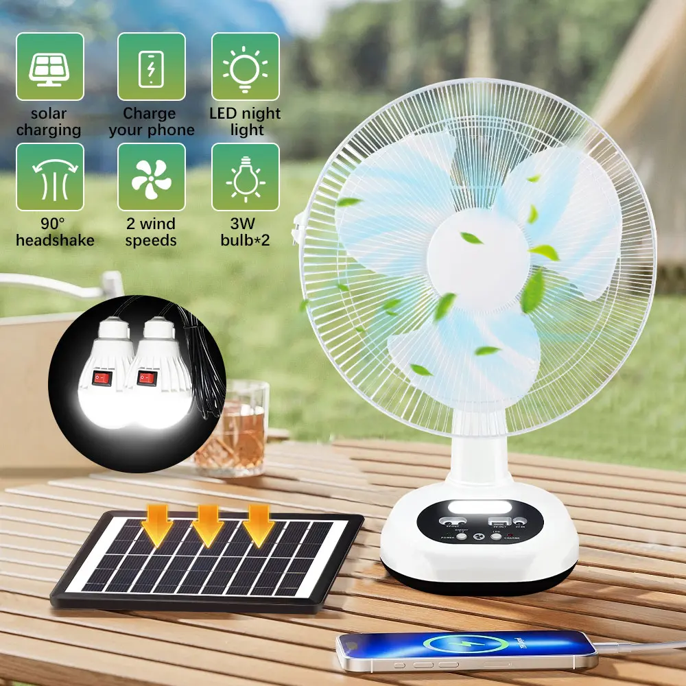 【Back to School】Portable Solar Powered Table Fan with Solar Panel and 2 LED Light Bulbs, 4500mAh Rechargeable Battery, Oscillating USB Charging Fan for Indoor Outdoor Camping Emergency Use