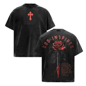 Men's Unisex Christian Graphic T-Shirt - Streetwear Top, Round Neck, Shortsleeve, God-Inspired Rose Sword Design, Isaiah 53:5 Bible Verse, Washed Vintage Heavyweight Cotton, Oversized Pump Cover, Urban Grunge Retro Aesthetic, Religious Gift for Believers