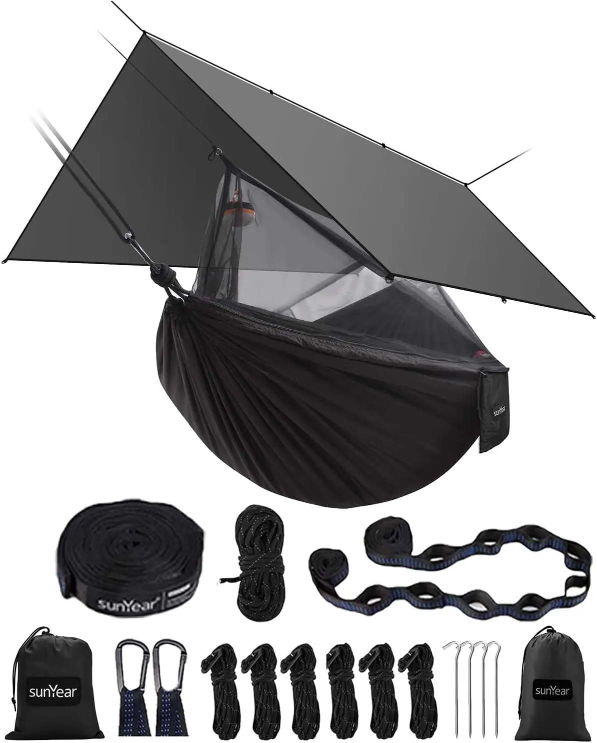 Sunyear Hammock Camping with Rain Fly Tarp and Net, Portable Camping Hammock Double Tree Hammock Outdoor Indoor Backpacking Travel & Survival, 2 Tree Straps,100% Waterproof