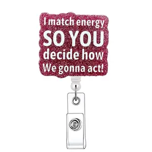 Letter Pattern Retractable Badge Reel, Premium Decorative Badge, 1 Count Acrylic ID Holder with Clip, Identification Badges & Supplies for Nurses, Doctors, Students & Office Staff, Badge Reels Retractable