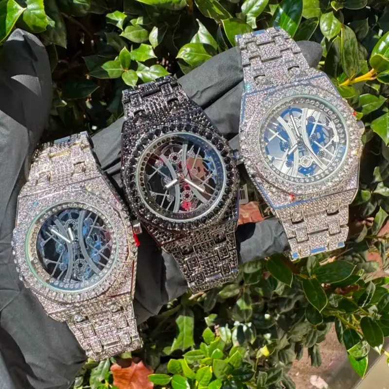 Iced Out White Gold Plated Luxury Statement 44MM Skeleton Dial Men's Bling Watch with Elegant Design and Unique Style