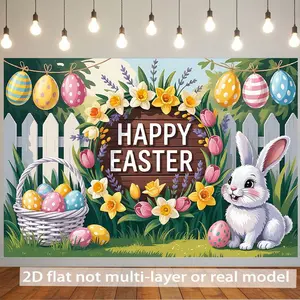 1PC Flat 2D Polyester Happy Easter Backdrop Banner - Cartoon Rabbit, Easter Eggs, Flowers Decor Cloth for Festival Party Photography, Birthday Events
