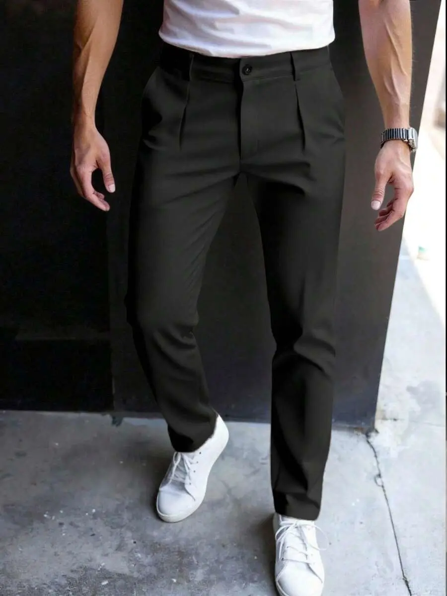 Men's Black Summer Casual Pleated Pants With Belt Loops, Smart Business Office Suit Dress Pants, High Waisted Slim Fit Slacks For Church & Semi-Formal
