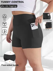 Women's Plus Size Solid Color High Waist Tight Shorts, Sports Yoga Shorts, Workout Impact Shorts, Abdominal Control, Tummy Control Short, Side Pockets, Comfortable Fashion, Perfect for Casual Wear