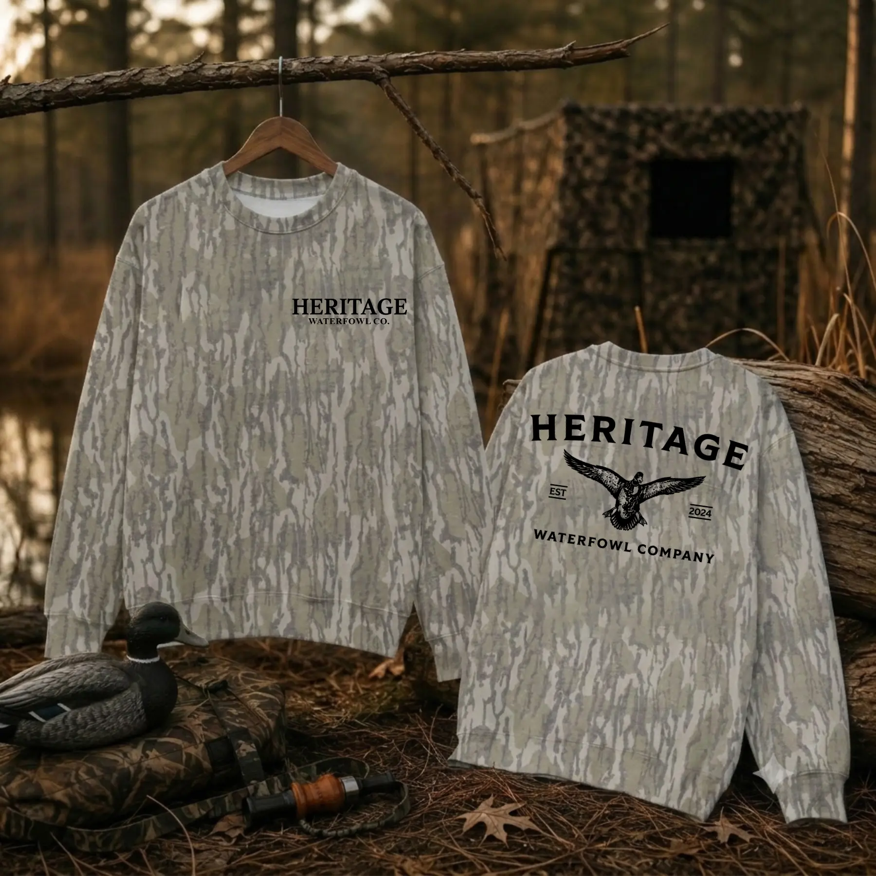 Washed Bottomland Mallard Mossy Oak Bottomland Camo Crewneck Sweatshirt, Unisex Hunting Pullover, Vintage Woodland Outdoor Sweatshirt