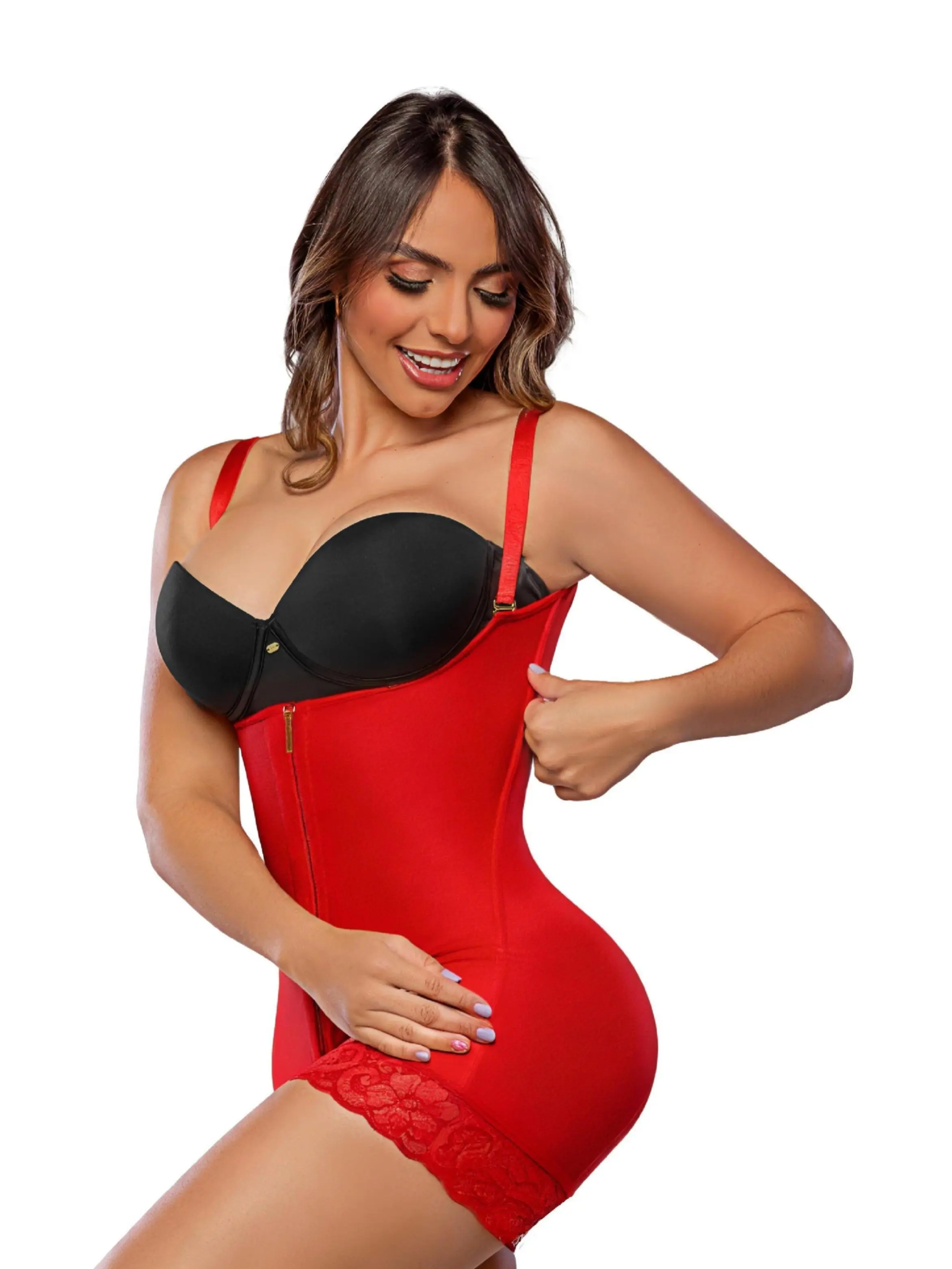 Stagmi Women's High Compression Faja Shapewear (SMI7086, Red) - E-Vitamin Lycra, Removable Side Bars, Lace Design, Front Close, Elegant Fit Support & Enhancement