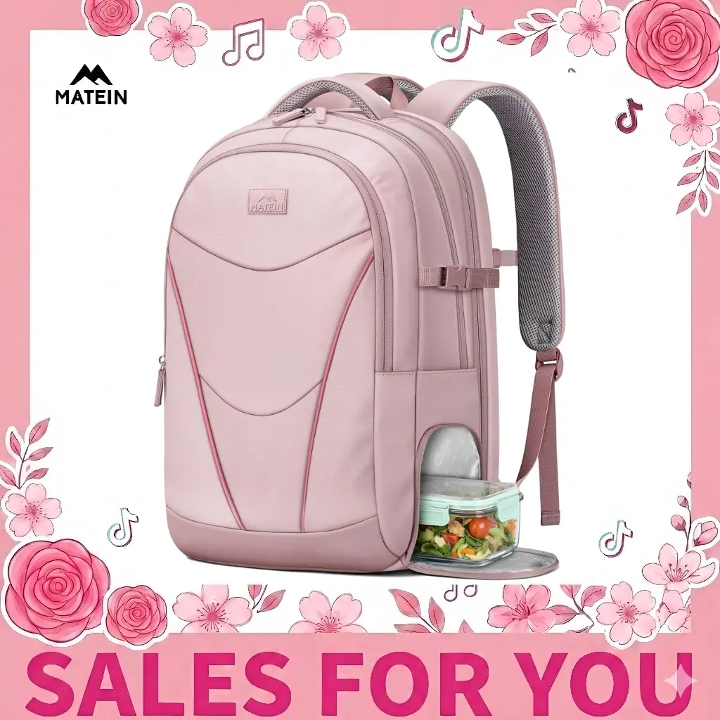 MATEIN Women's Laptop Backpack with Insulated Lunch Compartment, 17.3 Inch Waterproof Work Backpack for Office Commute, RFID Pocket Teacher Nurse Travel Bag, Pink Summervibes Business Computer Bag Traveling Bag summerwins