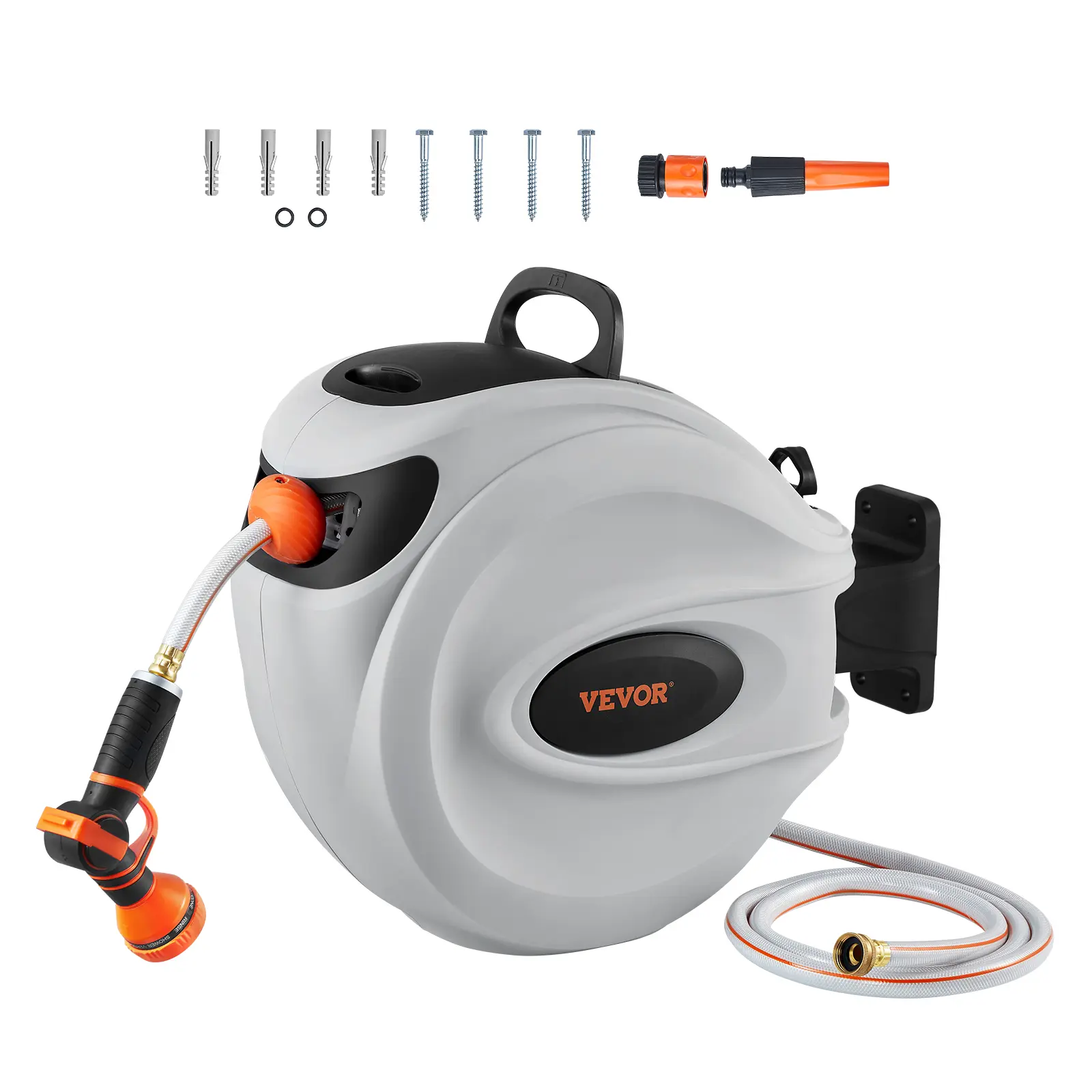 【summerfinds】VEVOR Retractable Hose Reel, 65 ft x 5/8 inch, 180° Swivel Bracket Wall-Mounted, Garden Water Hose Reel with 9-Pattern Nozzle, Automatic Rewind, Lock at Any Length, and Slow Return System, Pressure Hose Reel