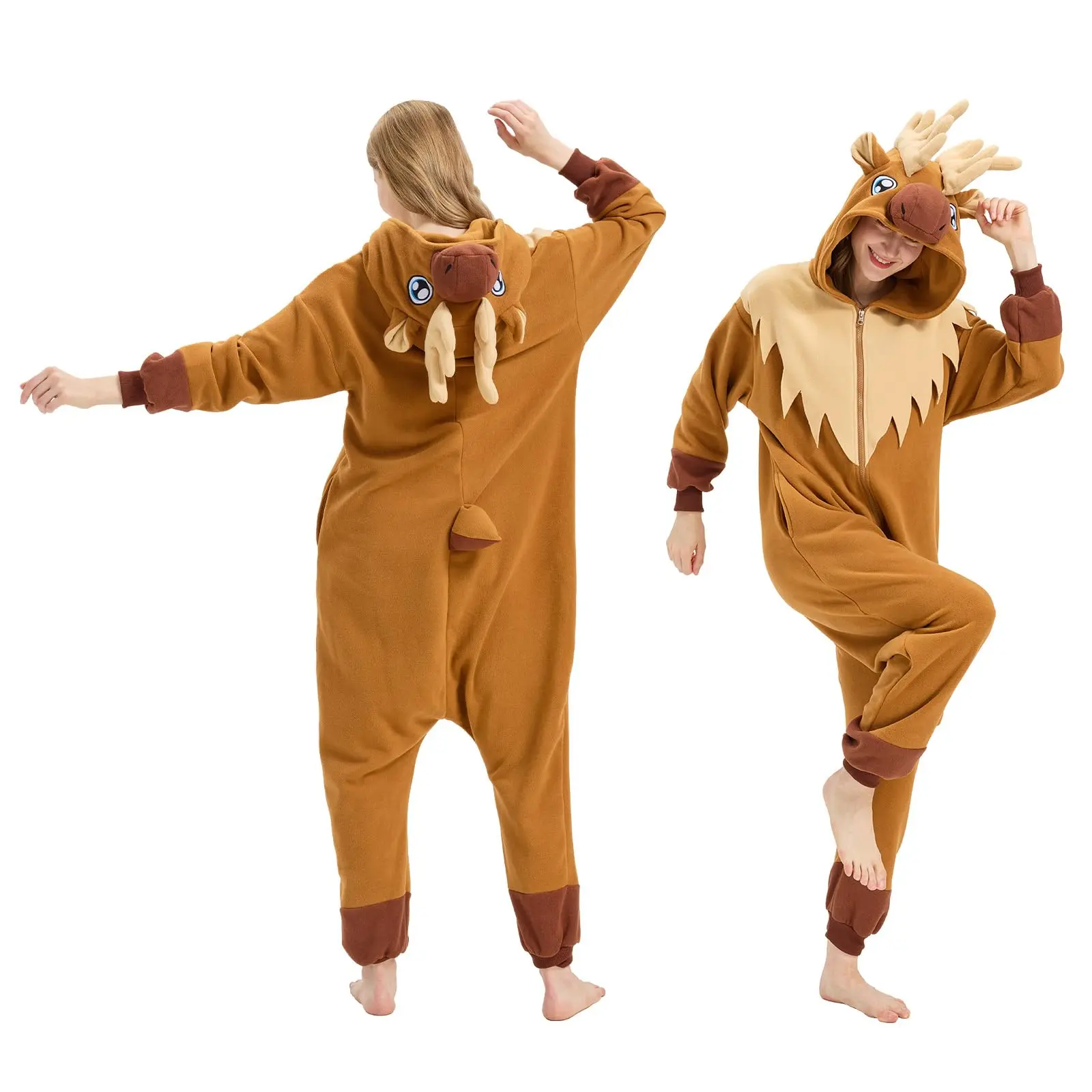 Women's Hooded Fleece Moose-Deer Onesie, Basic Menswear & Womenswear Nightwear Outfits, Long-Sleeve Comfortable Animal Pajamas for Halloween, Christmas, Longsleeves, Clothes, Plus Size, Holiday, Plain, One-Piece