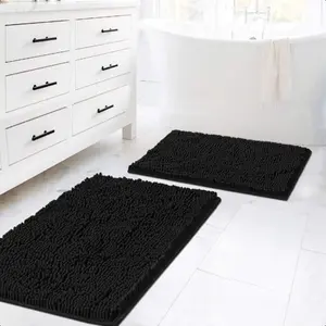 Black Bathroom Rug Set 2 Piece Bath Mats for Bathroom Floor Super Thick Soft Shaggy Chenille Bath Mats Machine Washable Dry Fast Water Absorbent Bath Mats 20" x 32" 17" x 24"