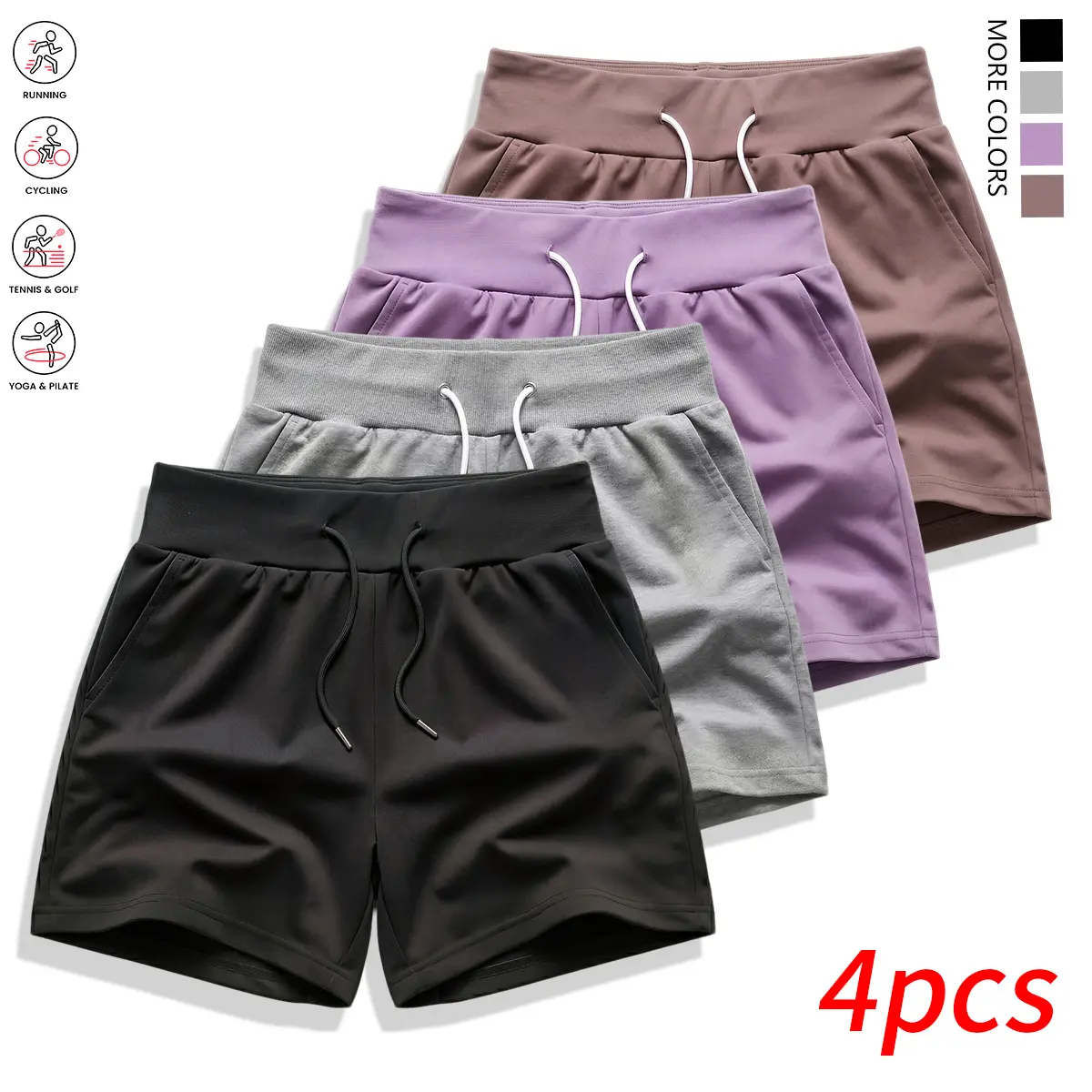 Women's 4-Pack Solid Color Drawstring Waist Sweat Shorts, Quick-Drying Minimalist Activewear for Workouts & Everyday Wear, Athletic Chic Bottoms
