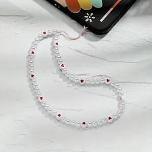 Fashionable and minimalist artificial pearl phone chain, red heart bead phone strap, Cell Phone Charm