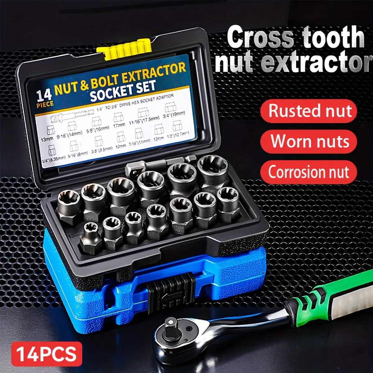 14pcs Nut Extractor, Anti-tooth Sleeve, Sliding Tooth Sleeve, Screw Damaged Nut Screw Cap Extractor Socket Set Corrosion Nut