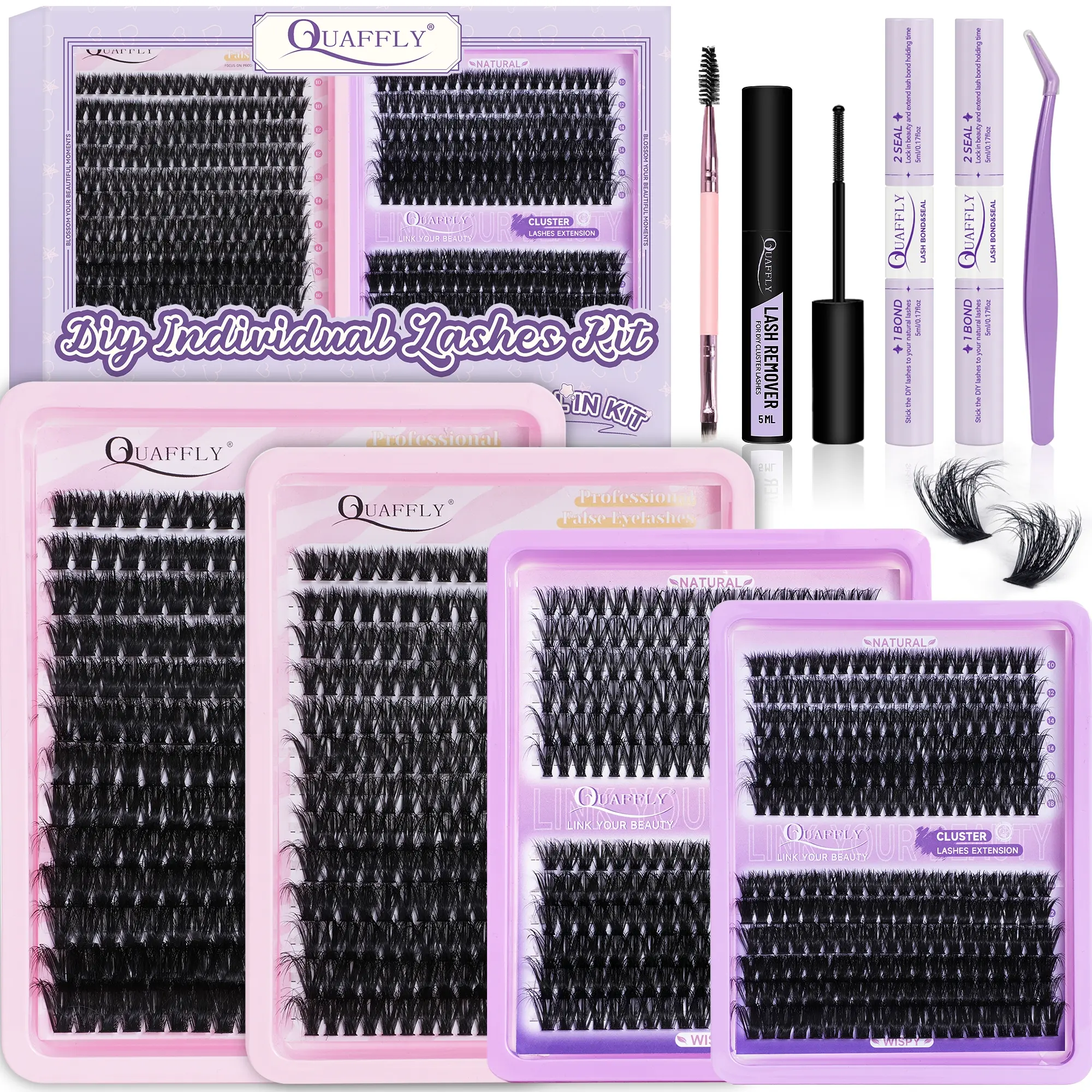 QUAFFLY Lash Extension Kit Thick Eyelash Extensions Kit 10-18mm Fluff Volume Lash Clusters 40+60+80+100D Individual Eyelashes Kit with Lash Bond and Seal*2/ Remover/ Tweezers/Dual-Ended Brush Eyelash Set Eyelash Extension Glue