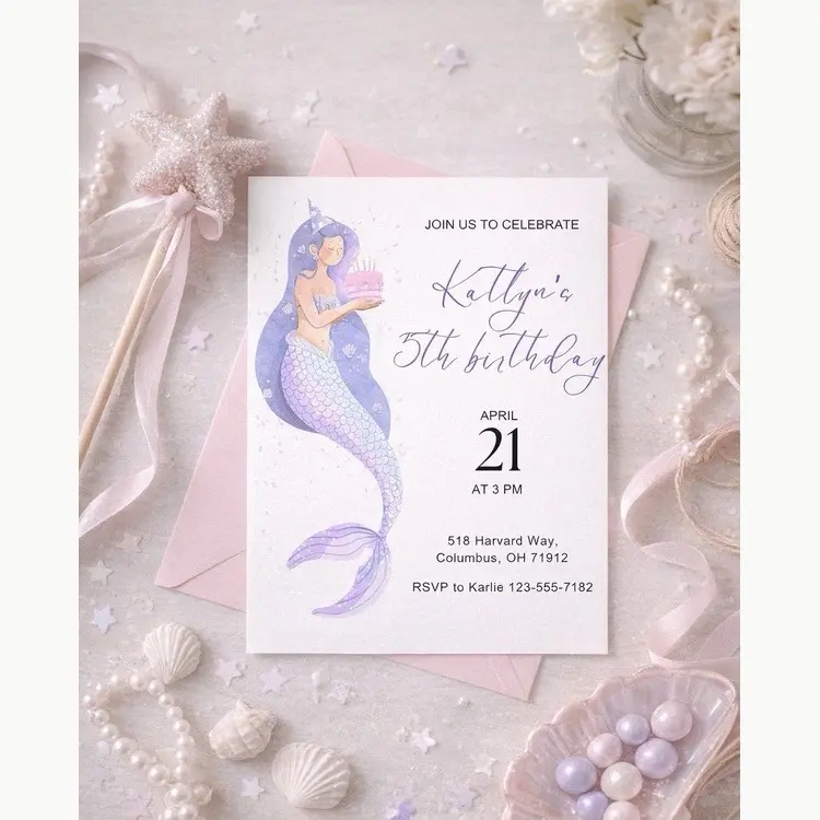 Mermaid Birthday Invitation Under the Sea Girl Party Invite Printed Mermaid Invites Soft Pastel Birthday Card for 5th Birthday