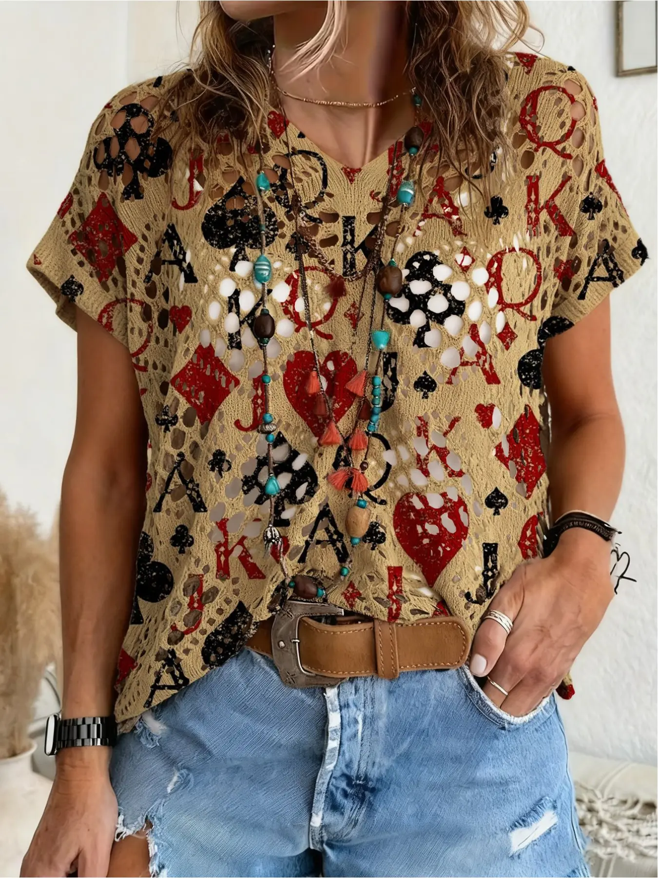 Spring/Summer style, Womenswear, V-neck diamond hollow loose batwing short sleeve cover-up, contrast color graffiti print women's knitted top, vacation style, bikini cover-up, Summer Coverup