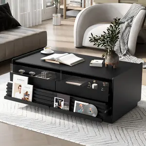 Modern Rectangle Coffee Table with 4 Drawers and 2 Display Shelves, 47.2" Wood Coffee Table with Fluted Style, Tempered Glass for Living Room