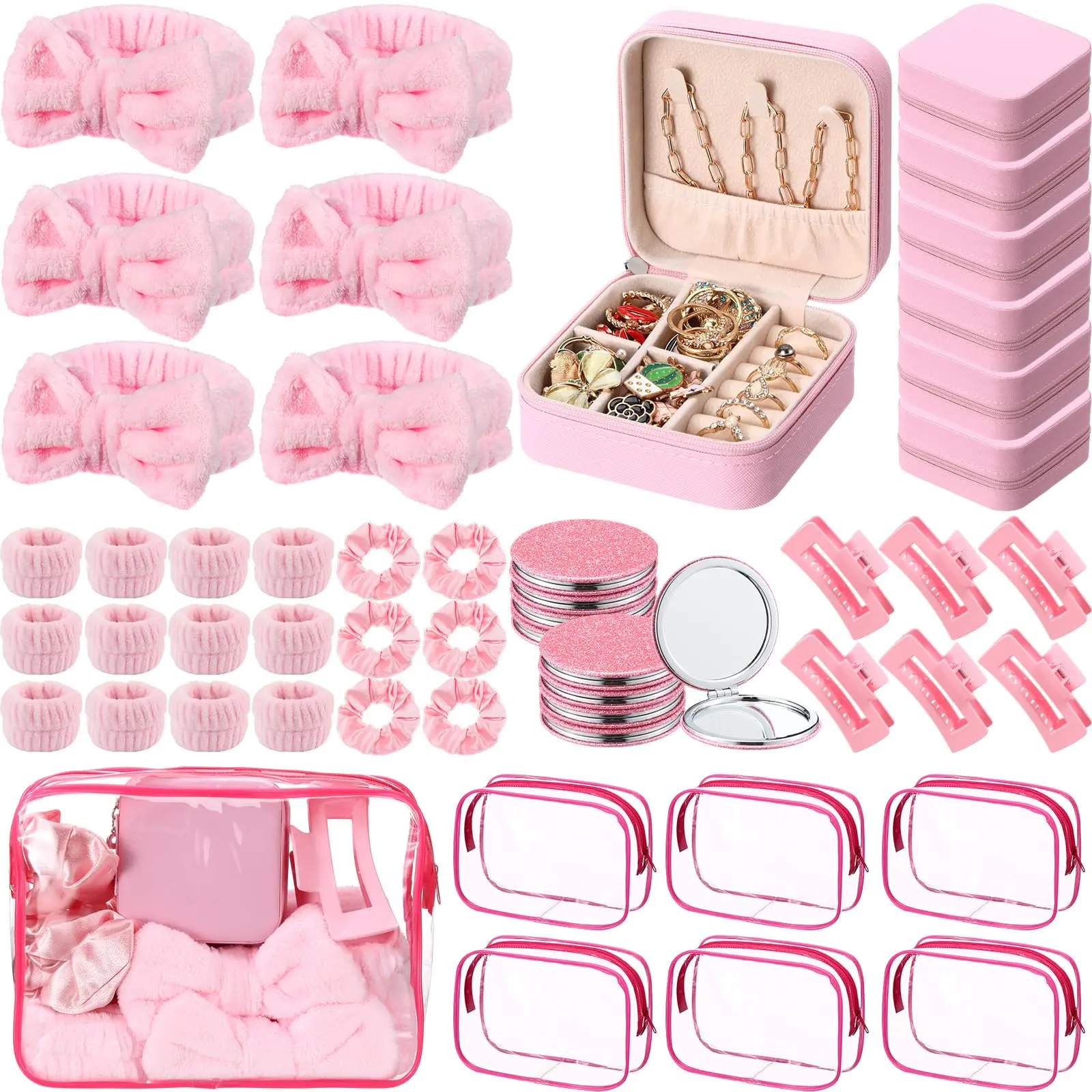 48 Pcs Spa Party Favors Sleepover Party Supplies for Women Girls Bridesmaid Gift Set with Bow Headband Scrunchies Wristbands Jewelry Case Makeup Bag Mirror Hair Clips for Birthday Graduation Bachelorette Pamper Party Return Gifts
