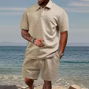 Men’s diamond texture polo set, summer waffle short-sleeve top and shorts two-piece set