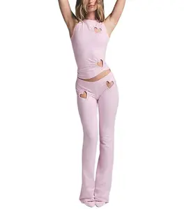 Heart-shaped Hollow-out Solid Color Vest Top and Pants Set SLIGHTLY SEE THROUGH Casual Clothes