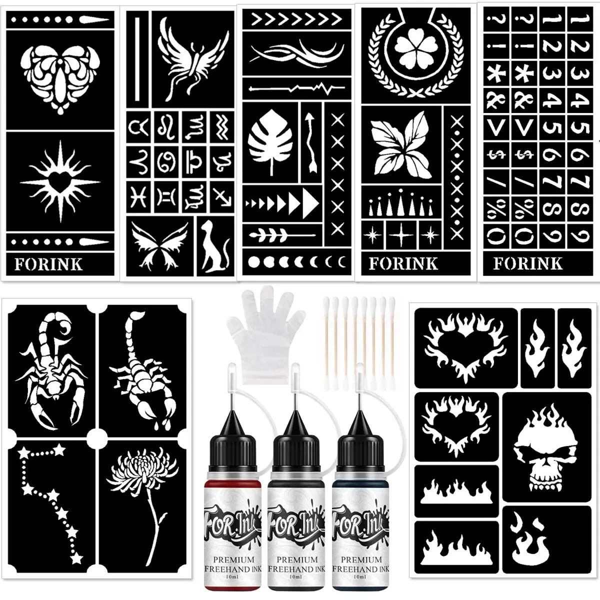 Temporary Tattoo Paint Set, 1 Set Including 7 Temporary Tattoo Stencils & 3 Tattoo Paints, Waterproof Temporary Body Art Tattoo Designs for Party, Temporary Fake Tattoo, Temporary Tattoo Kit, DIY Tattoos
