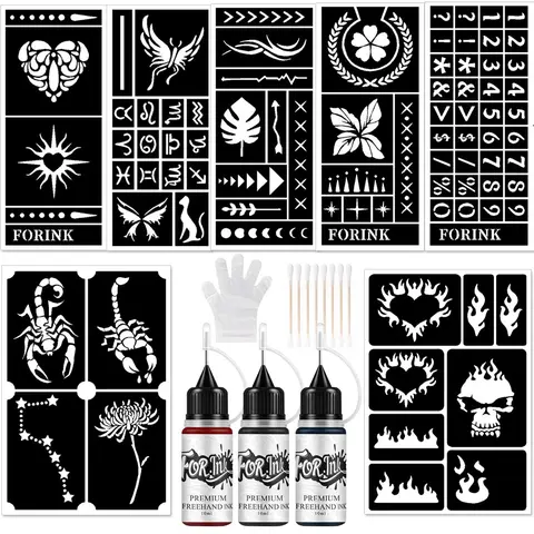 Temporary Tattoo Paint Set, 1 Set Including 7 Temporary Tattoo Stencils & 3 Tattoo Paints, Waterproof Temporary Body Art Tattoo Designs for Party, Temporary Fake Tattoo, Temporary Tattoo Kit, DIY Tattoos