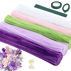 500 Pcs Purple Pipe Cleaners Craft 5 Assorted Colors Pipe Cleaners Bulk Chenille Stems for DIY Flower Making Kit with Floral Wires Gardening Tape Stamen